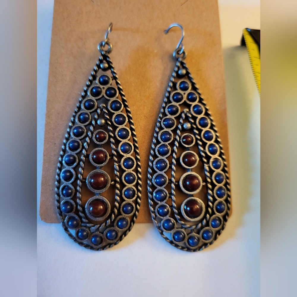 New Boutique Earrings Teardrop 3in Pewter with Navy and deep wine